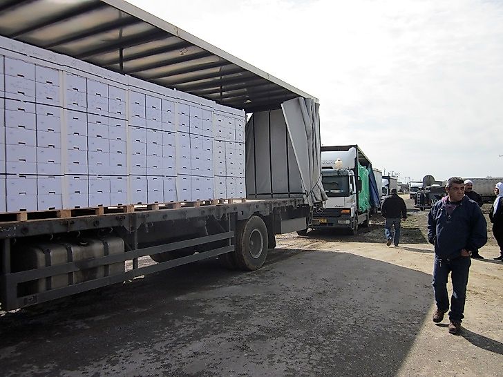 Trucks laden with export goods are transferred between Syria and Israel at the Quneitra Crossing.