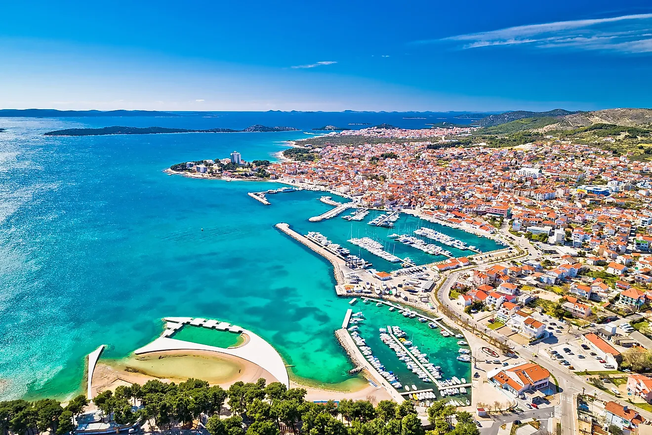 Adriatic town of Vodice waterfront aerial view, Dalmatia archipelago of Croatia.