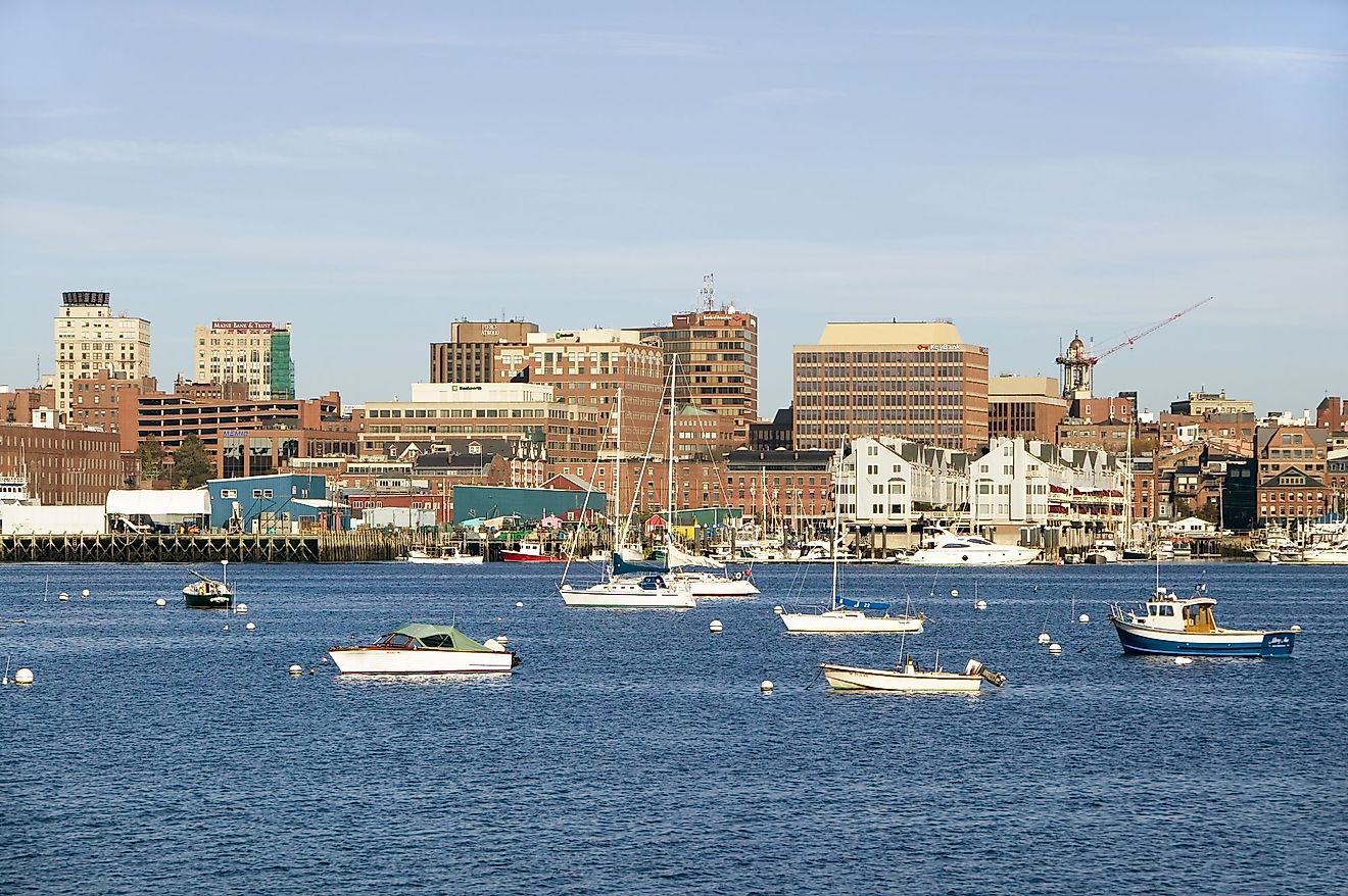 View of Portland Harbor boats with South Portland skyline. 