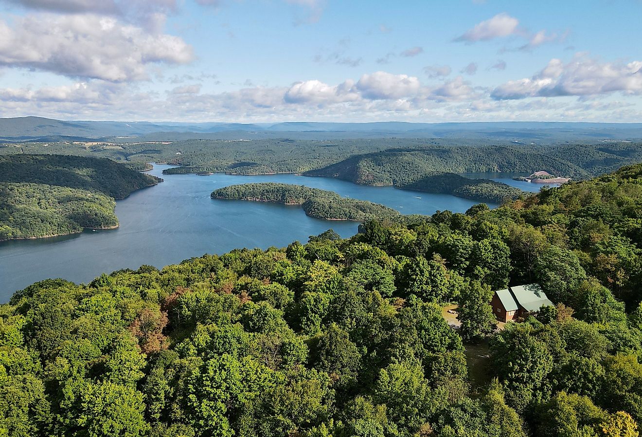 Aerial view of Raystown Lake and trees, Huntingdon, Pennsylvania.