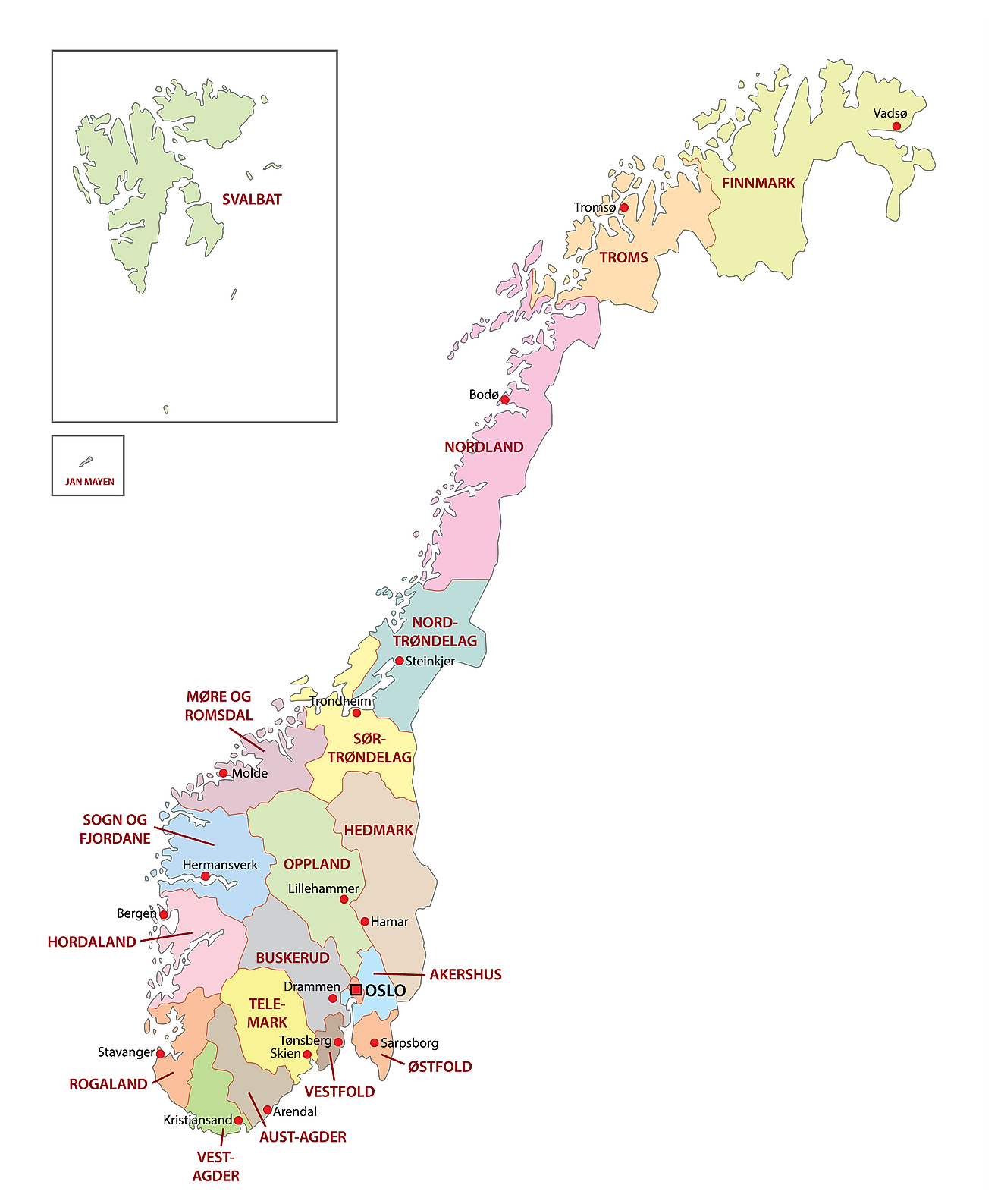 Mapa político de Noruega que muestra sus 11 regiones y la ciudad capital de Oslo.