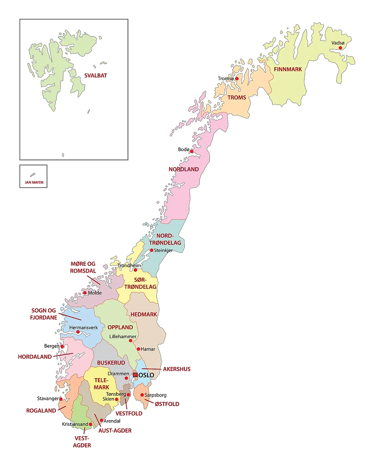 Political Map of Norway showing its 11 regions and the capital city of Oslo.