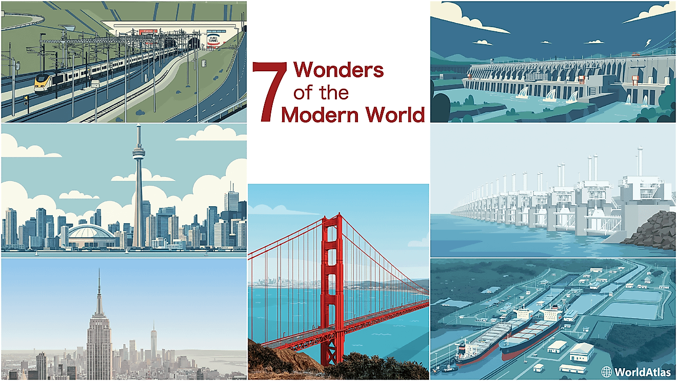 Infographic showing the 7 wonders of the modern world
