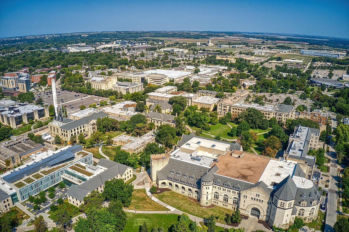Aerial view of a university in Manhattan, Kansas.