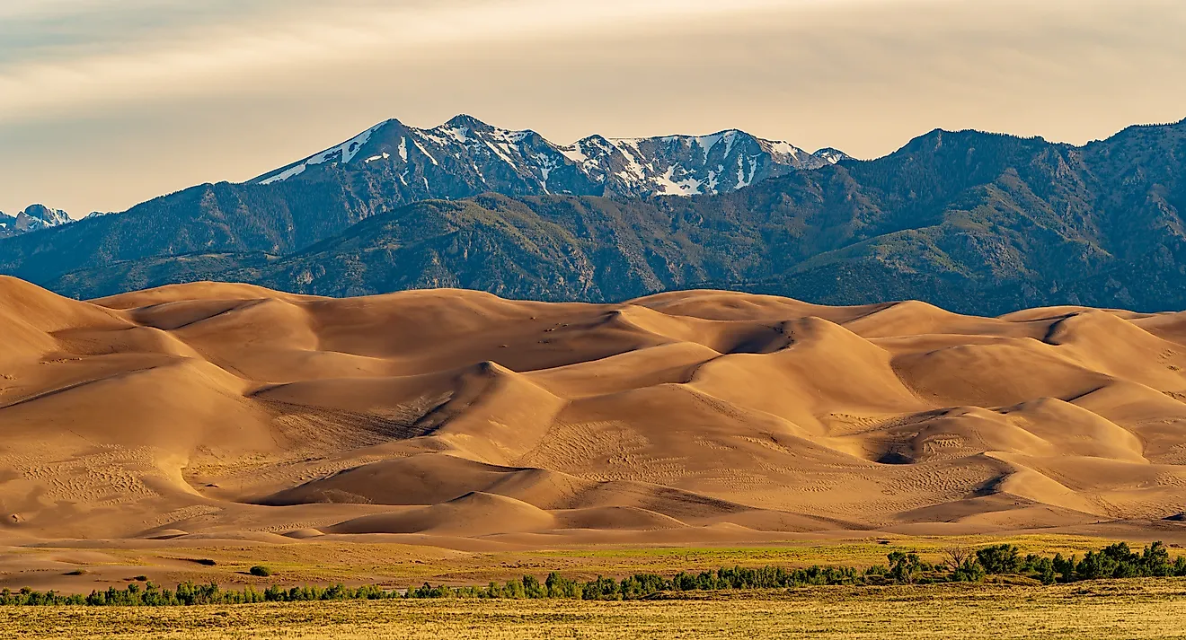 Sunny view of the landscape of Great Sand Dunes National Park and Preserve at Colorado.
