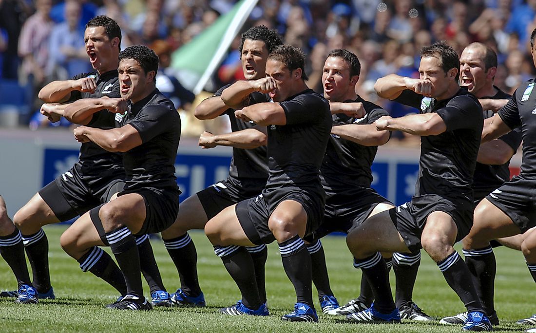 The New Zealand All Blacks performing the traditional Māori haka before the 2007 Rugby World Cup. Editorial credit: Paolo Bona / Shutterstock.com