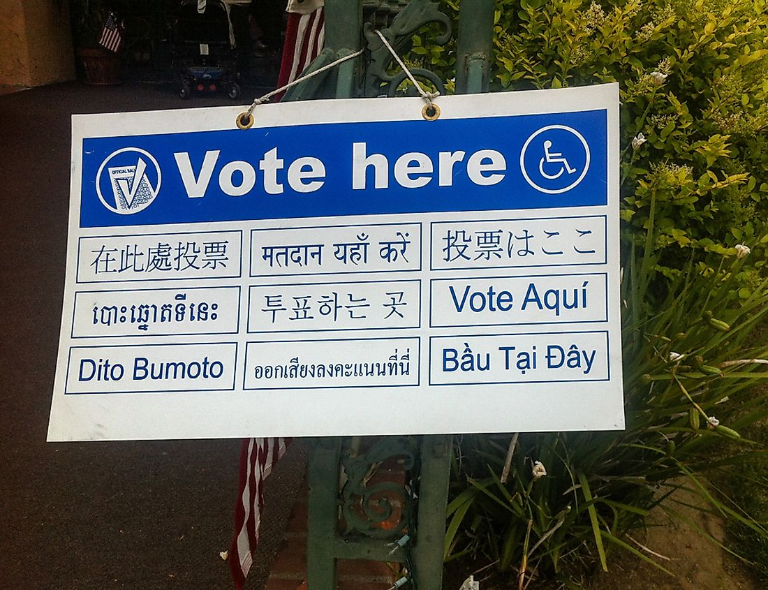 A voting sign in Los Angeles in multiple languages. Editorial credit: Underawesternsky / Shutterstock.com.