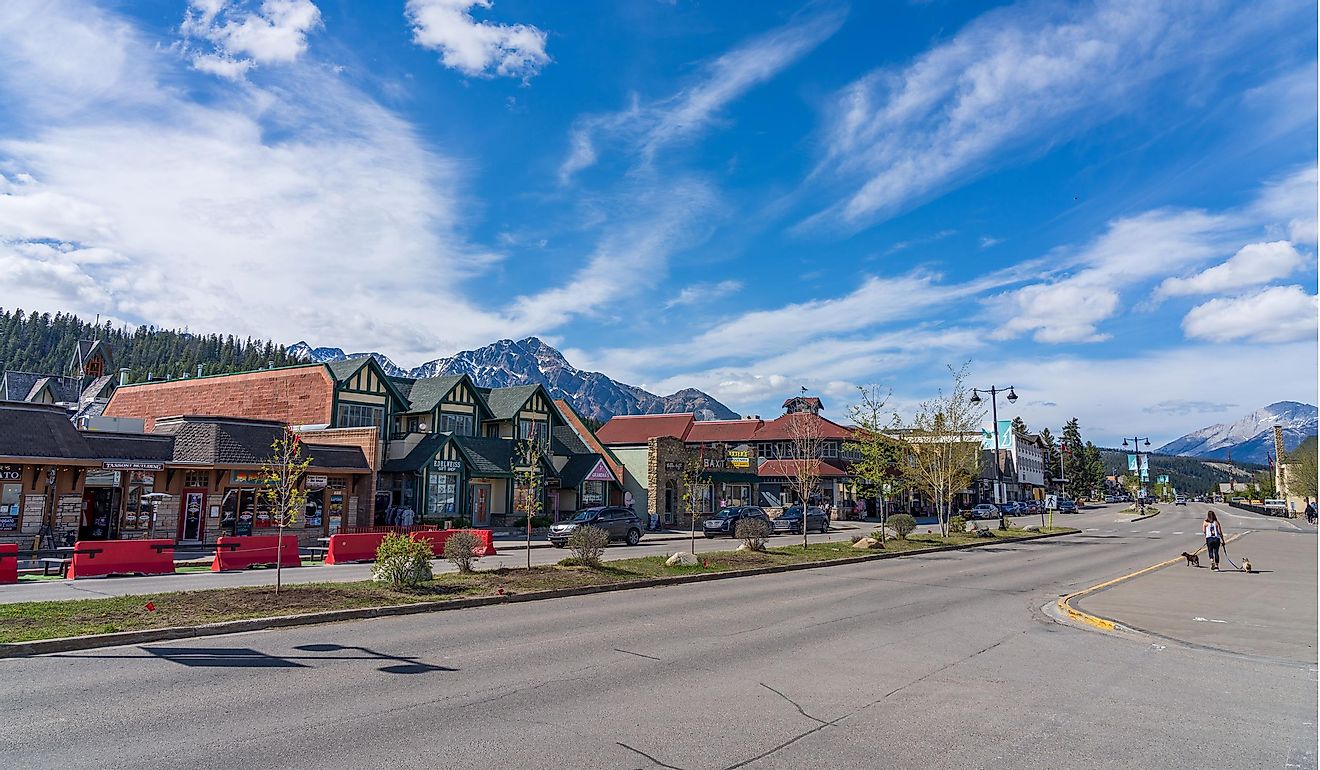 Street view of Jasper, Alberta, in summer time season. Editorial credit: Shawn.ccf / Shutterstock.com