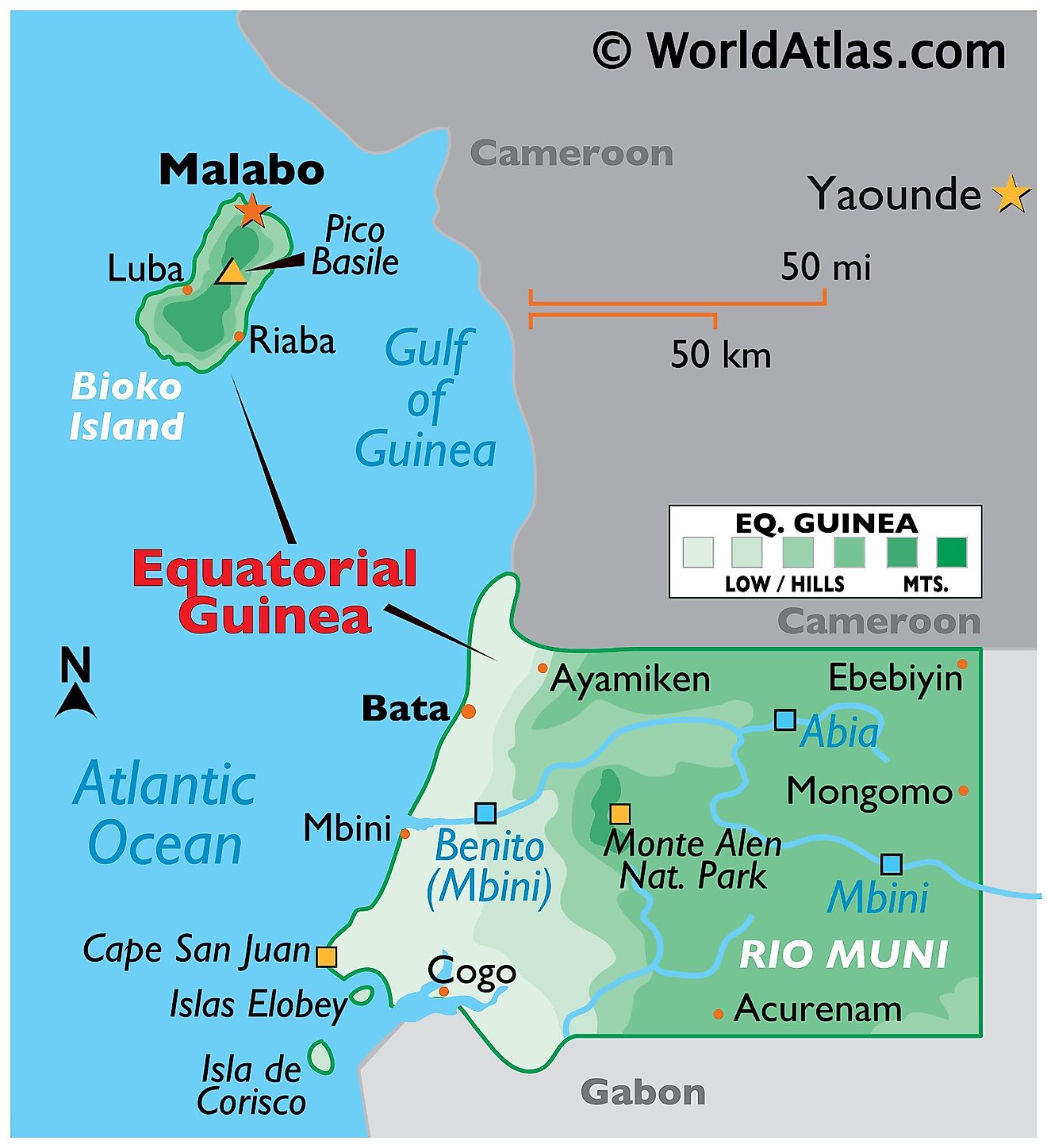 Physical Map of Equatorial Guinea showing mainland and insular parts of the country, relief, major rivers, important cities, smaller islands, and more.