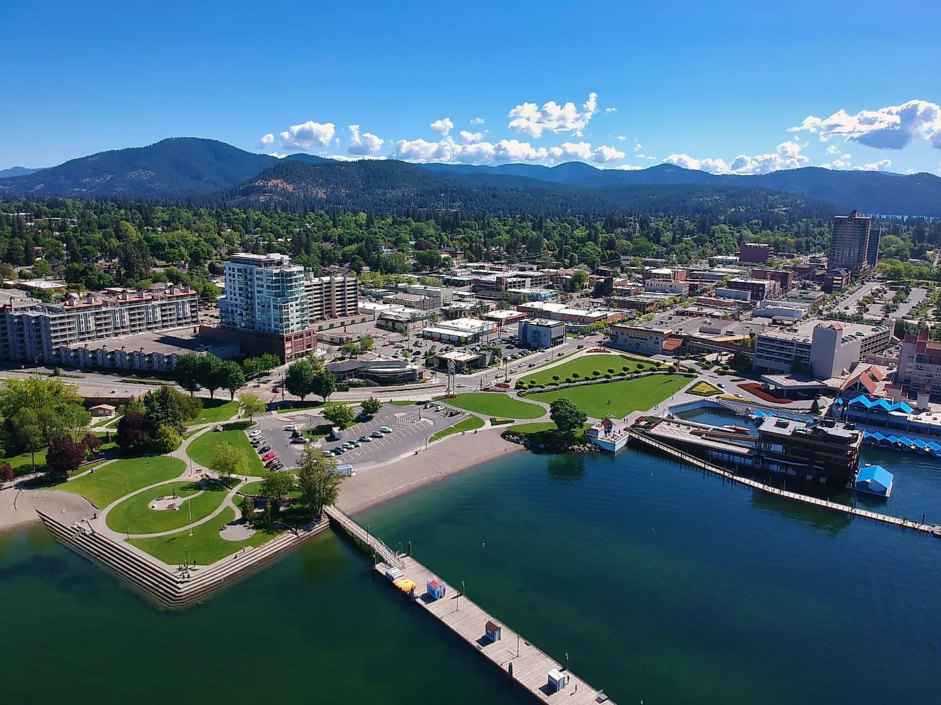 An aerial view of Coeur d'Alene, Idaho from over Lake Coeur d'Alene. Via Shutterstock / Billy G 30A.