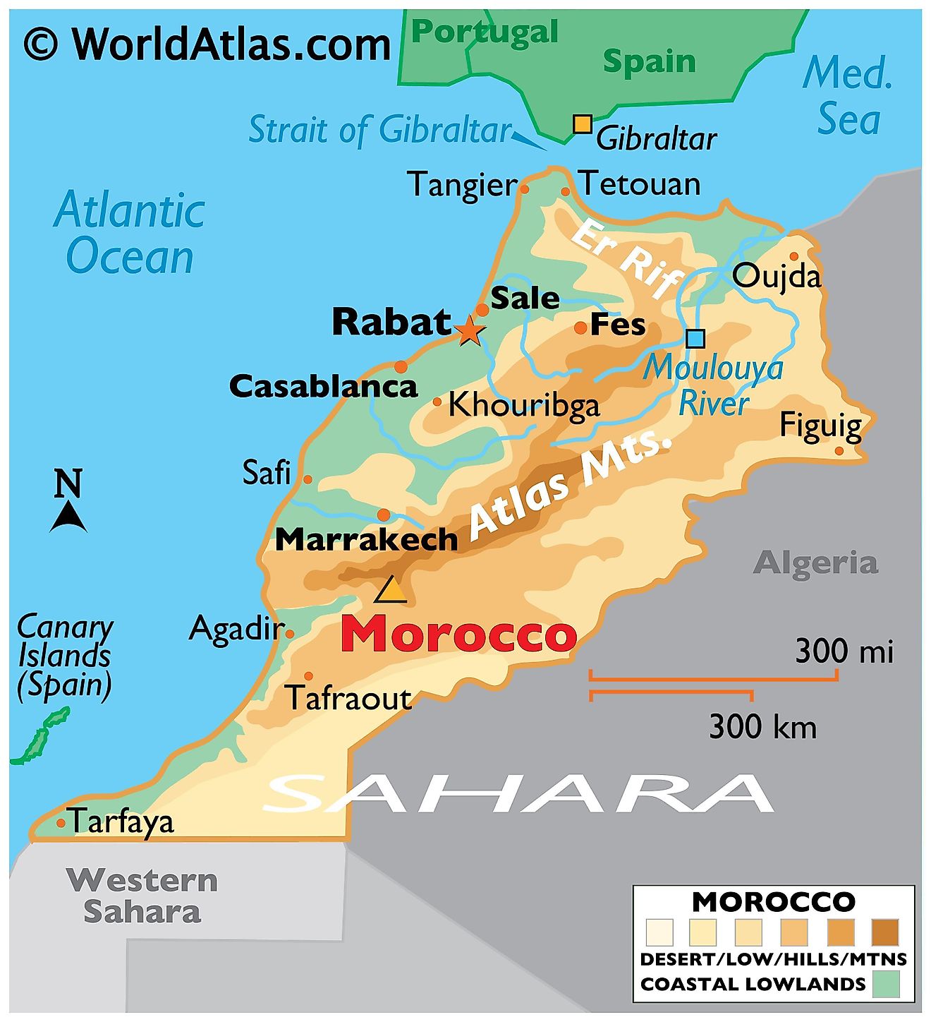 Mapa físico de Marruecos con límites estatales, ríos principales, desiertos, pico más alto, ciudades importantes y más.