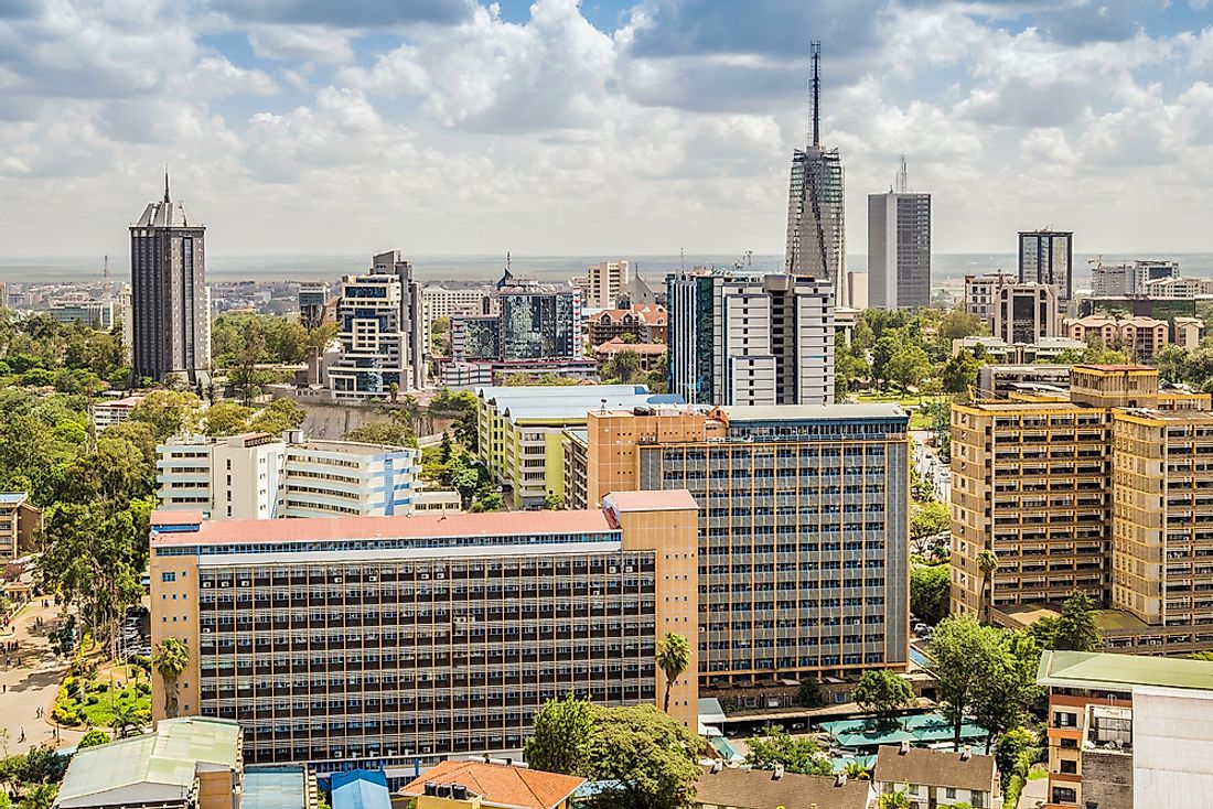 The skyline of Nairobi, the largest and most developed city in Kenya. 