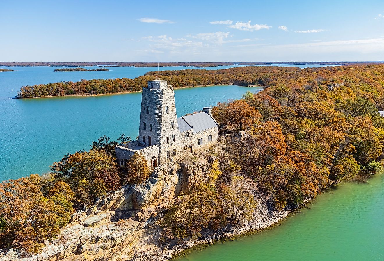 Aerial view of the Tucker Tower of Lake Murray State Park at Oklahoma