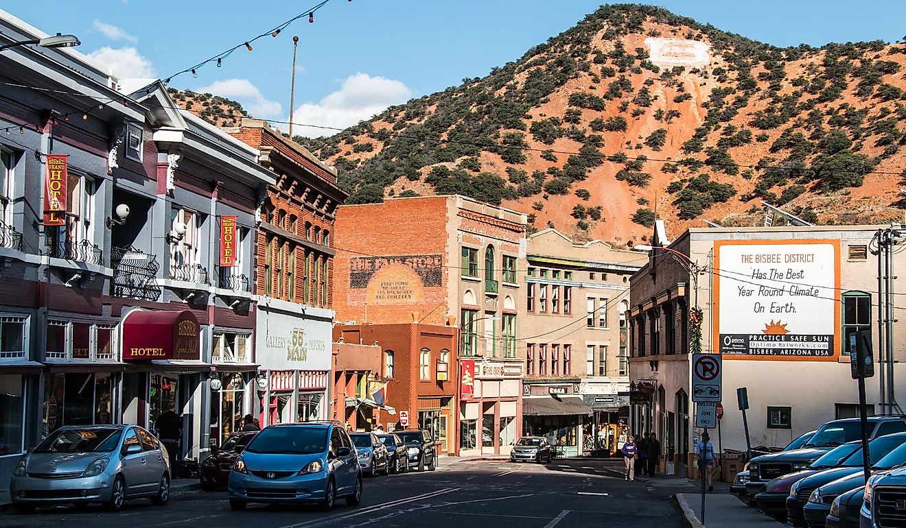 Downtown Bisbee, Arizona and the large "B" on the hillside behind it. Editorial credit: Atomazul / Shutterstock.com