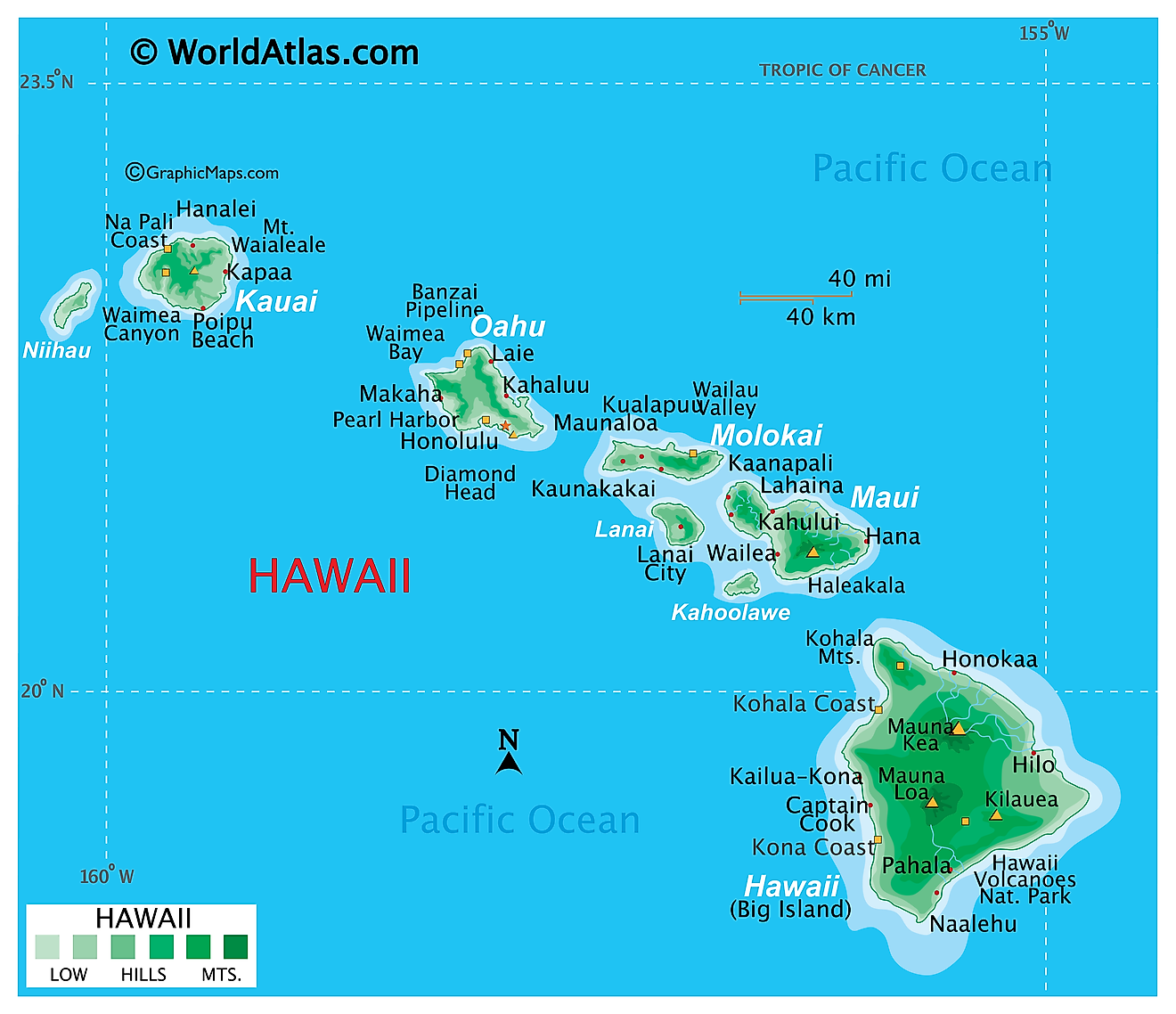 Mapa físico de Hawái. Muestra las características físicas de Hawái, incluidas sus islas, cadenas montañosas y pequeños ríos.