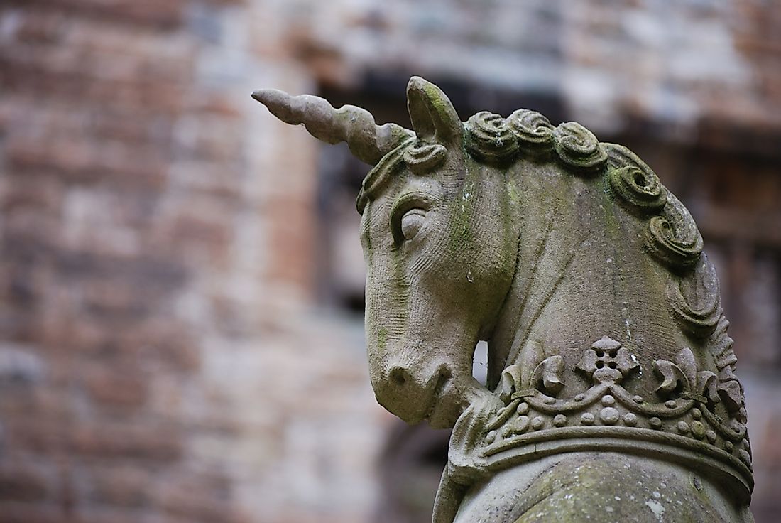 A statue of a unicorn in the courtyard of Linlithgow Palace, Scotland. 