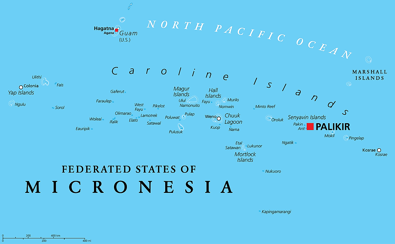 Political Map of Federated States of Micronesia showing its capital Palikir
