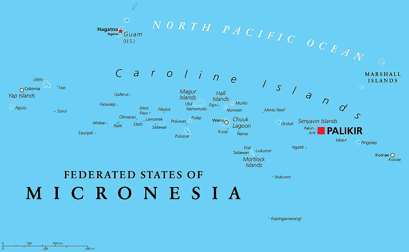 Political Map of Federated States of Micronesia showing its capital Palikir