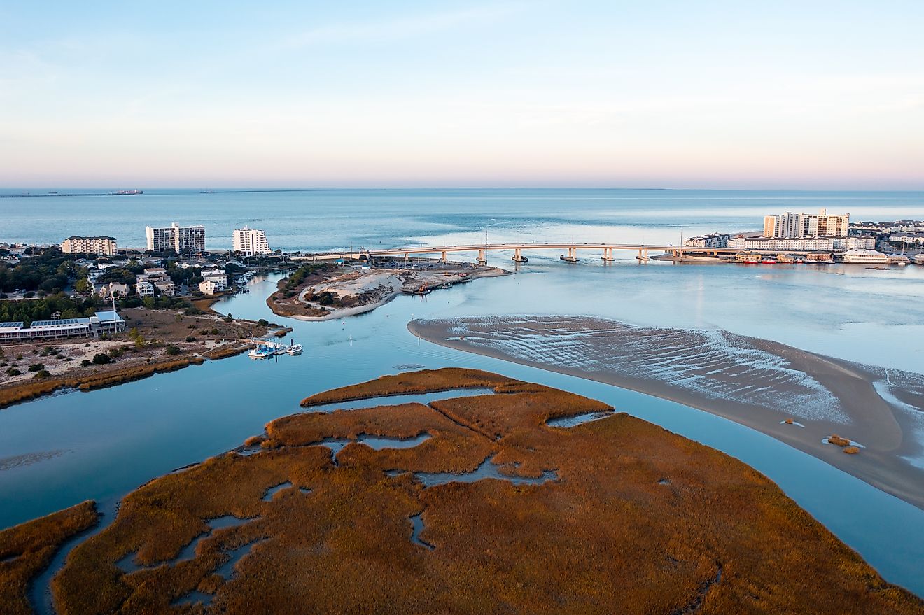Aerial view of the Lynnhaven Inlet and the Chesapeake Bay in Virginia Beach.