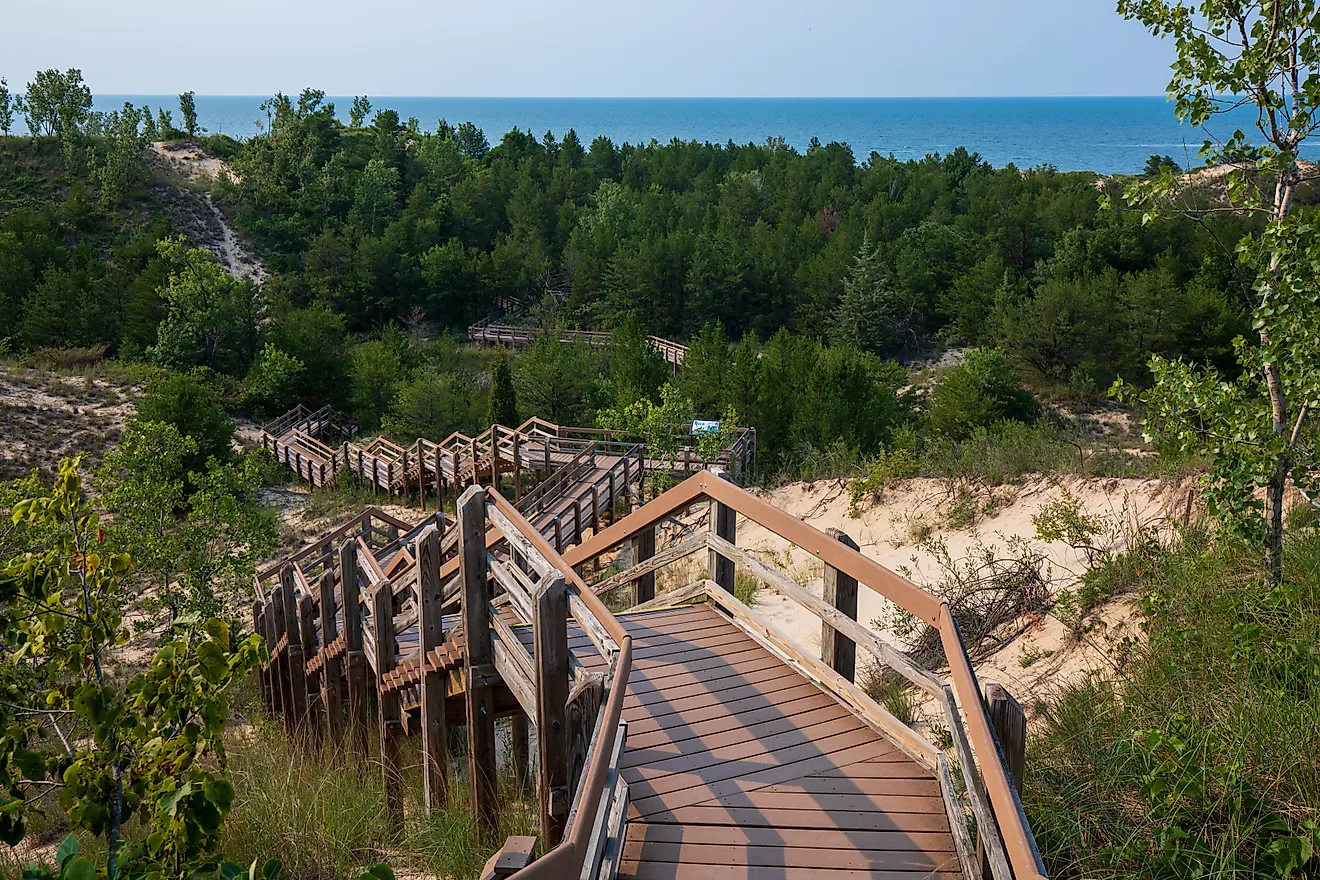 West Beach Dune Succession Trail, Indiana Dunes National Park lake shore in Summer. 