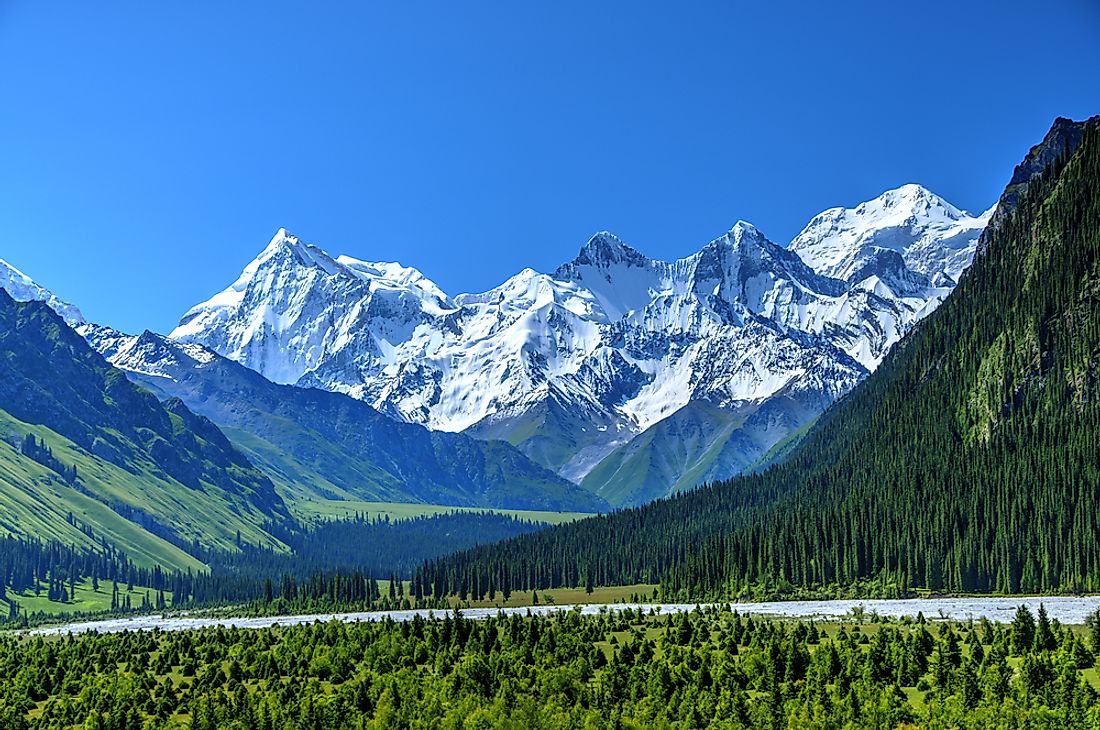 The Tian Shan mountain range extends from China to Kazakhstan and Kyrgyzstan.