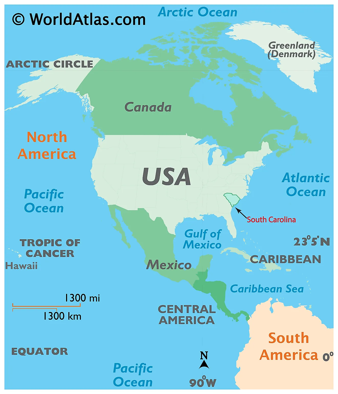 Map showing location of South Carolina in the world.