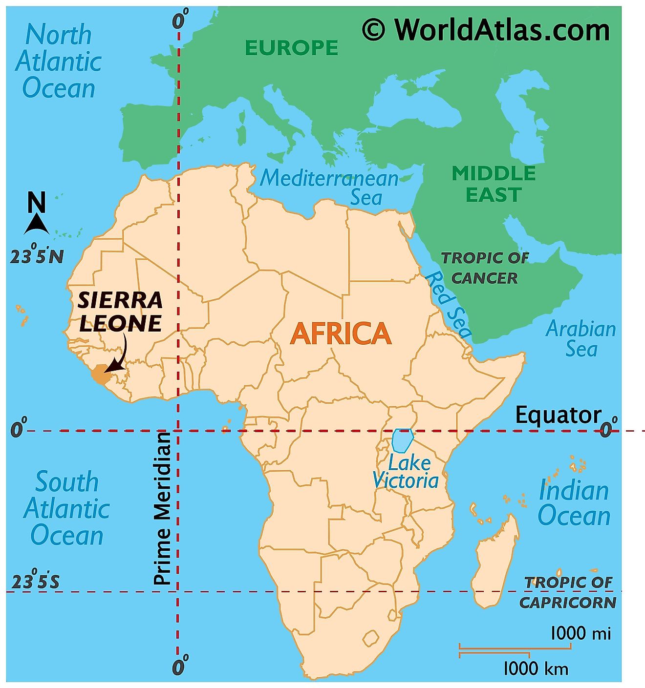 Map showing location of Sierra Leone in the world.