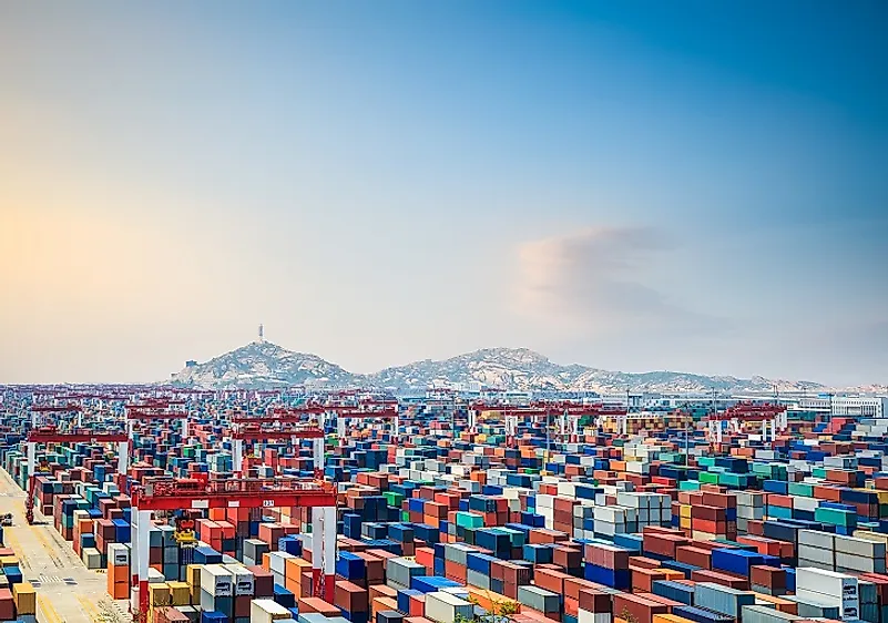 Seemingly endless rows of shipping containers in Shanghai Harbor.