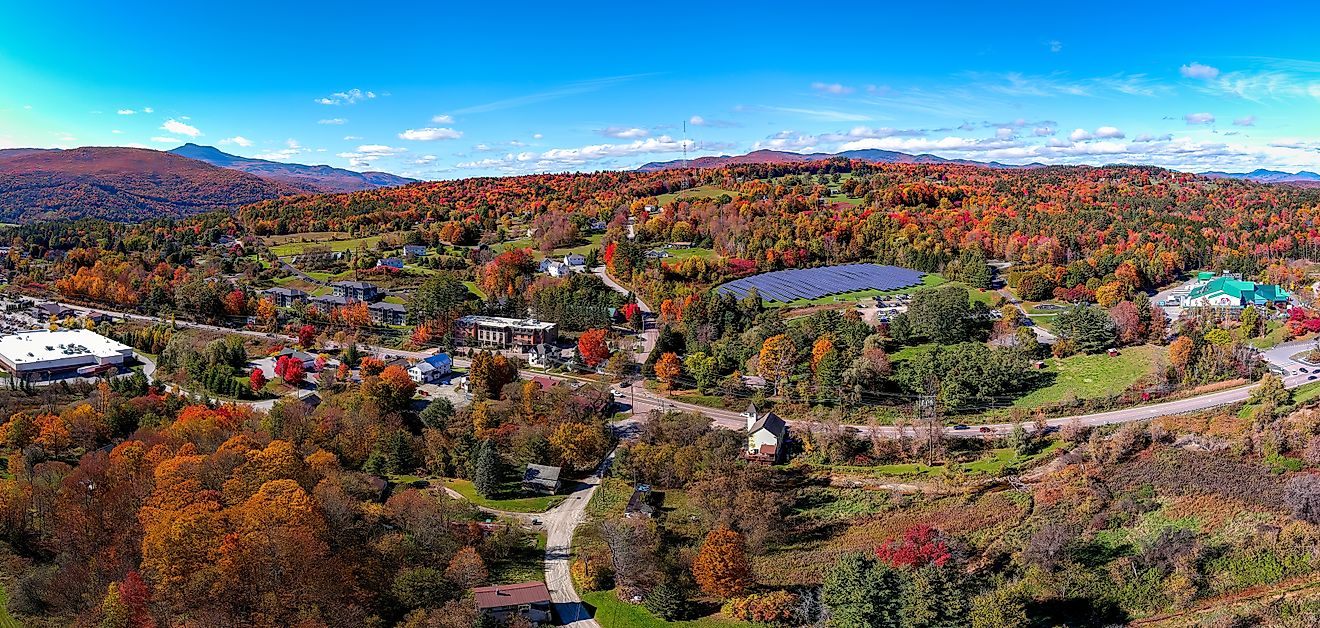 Aerial view of the town and surrounding greenery in Waterbury, Vermont.