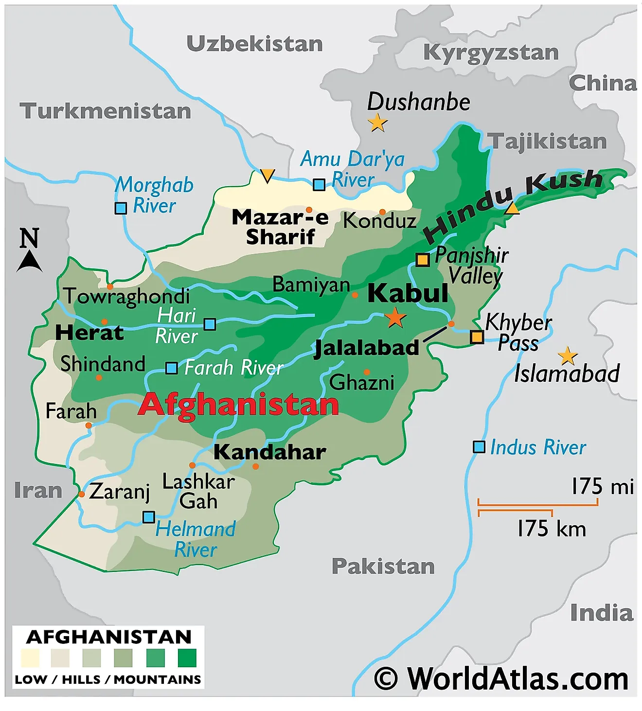 Physieke kaart van Afghanistan met staatsgrenzen, reliëf, grote rivieren, bergen, belangrijke steden, en meer.