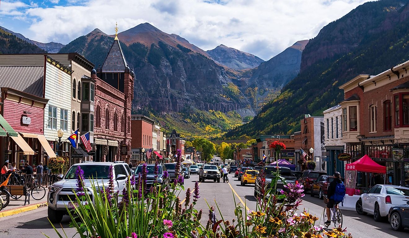 Busy day on Main Street, Colorado Avenue, in downtown Telluride. Editorial Credit: Michael Vi / Shutterstock.com