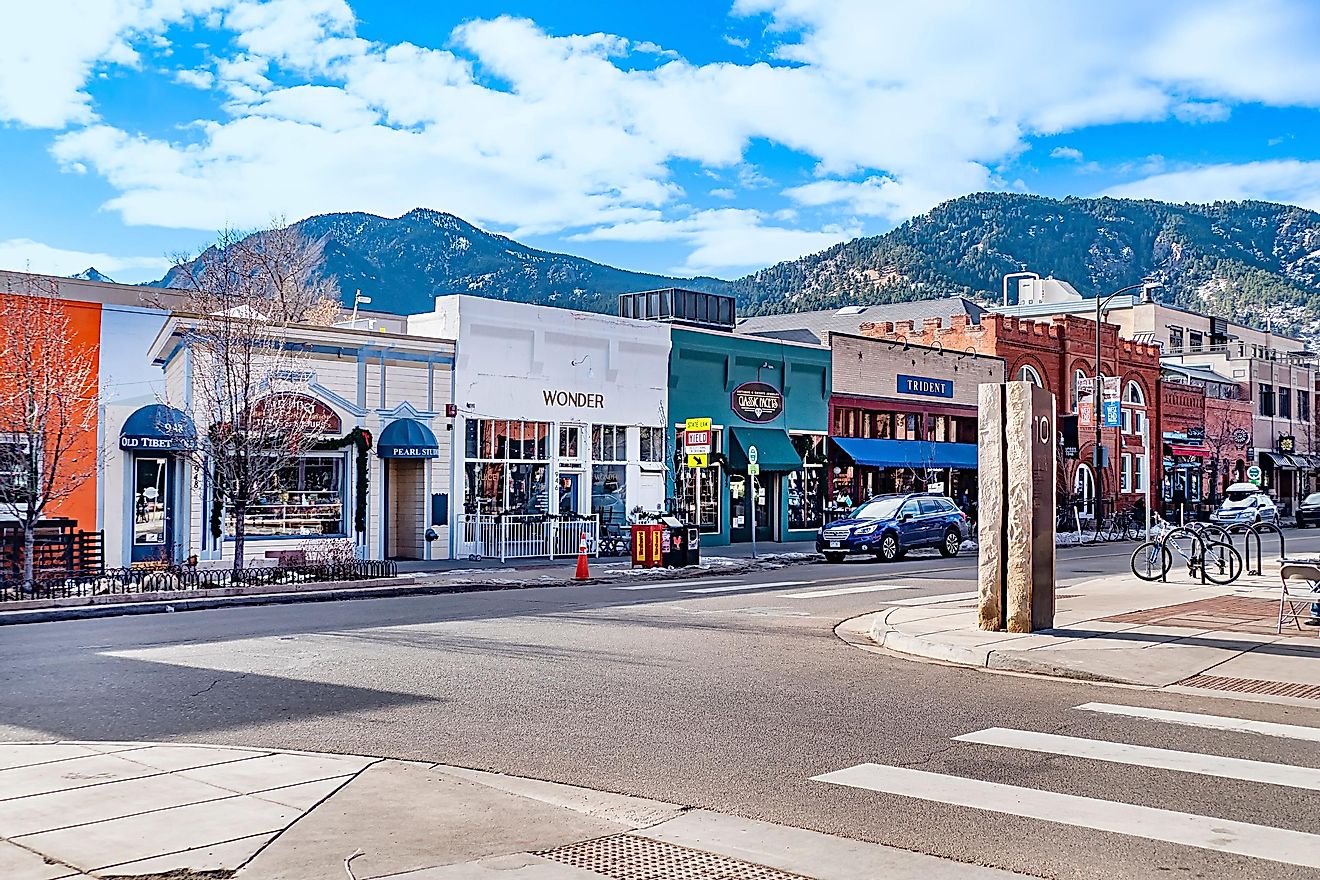 View of the Pearl Street Mall, a landmark pedestrian area in downtown Boulder, Colorado, in the Rocky Mountains.