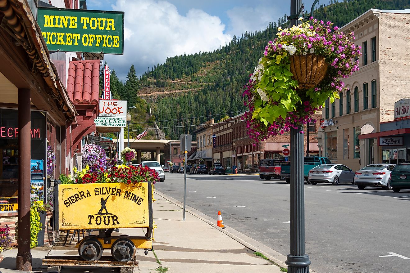 A picturesque main street in the historic mining town of Wallace, Idaho