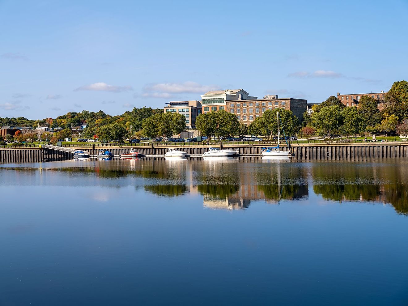 Boats moored along the Penobscot River in Bangor, Maine