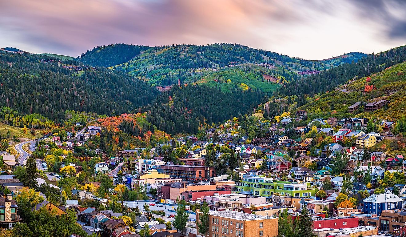 Park City, Utah, USA downtown in autumn at dusk.