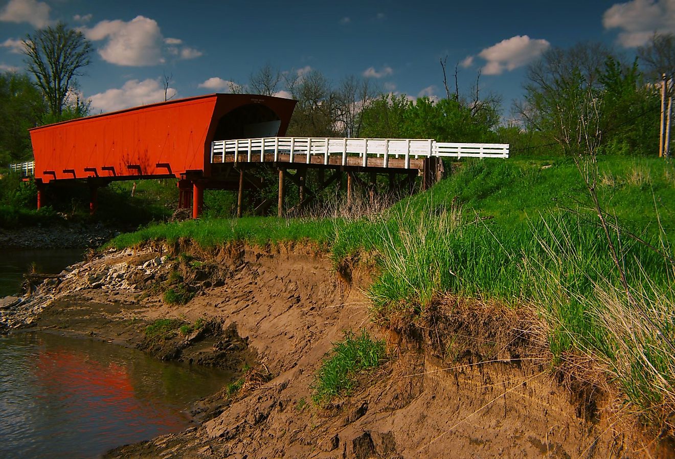 The Roseman Covered Bridge, the most famous of the Bridges of Madison County, on a perfect spring day in Winterset, Iowa.