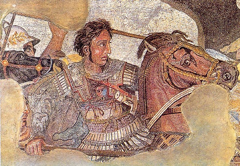 Alexander the Great depicted at the Battle of Issus against Darius III of Persia in 333 BC, as part of a larger Roman floor mosaic dating from around 100 BC.