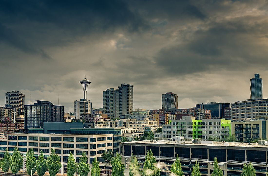 Due to its position between Puget Sound and Lake Washington, the city of Seattle receives high rainfall and cloudy days.