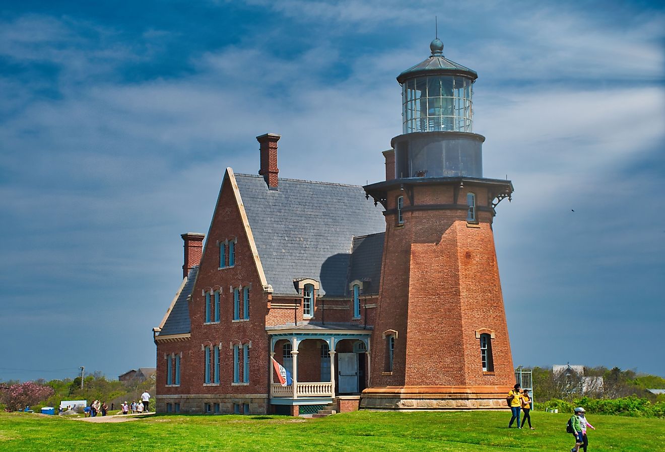 People visiting Block Island's South East Lighthouse, New Shoreham, Rhode Island.