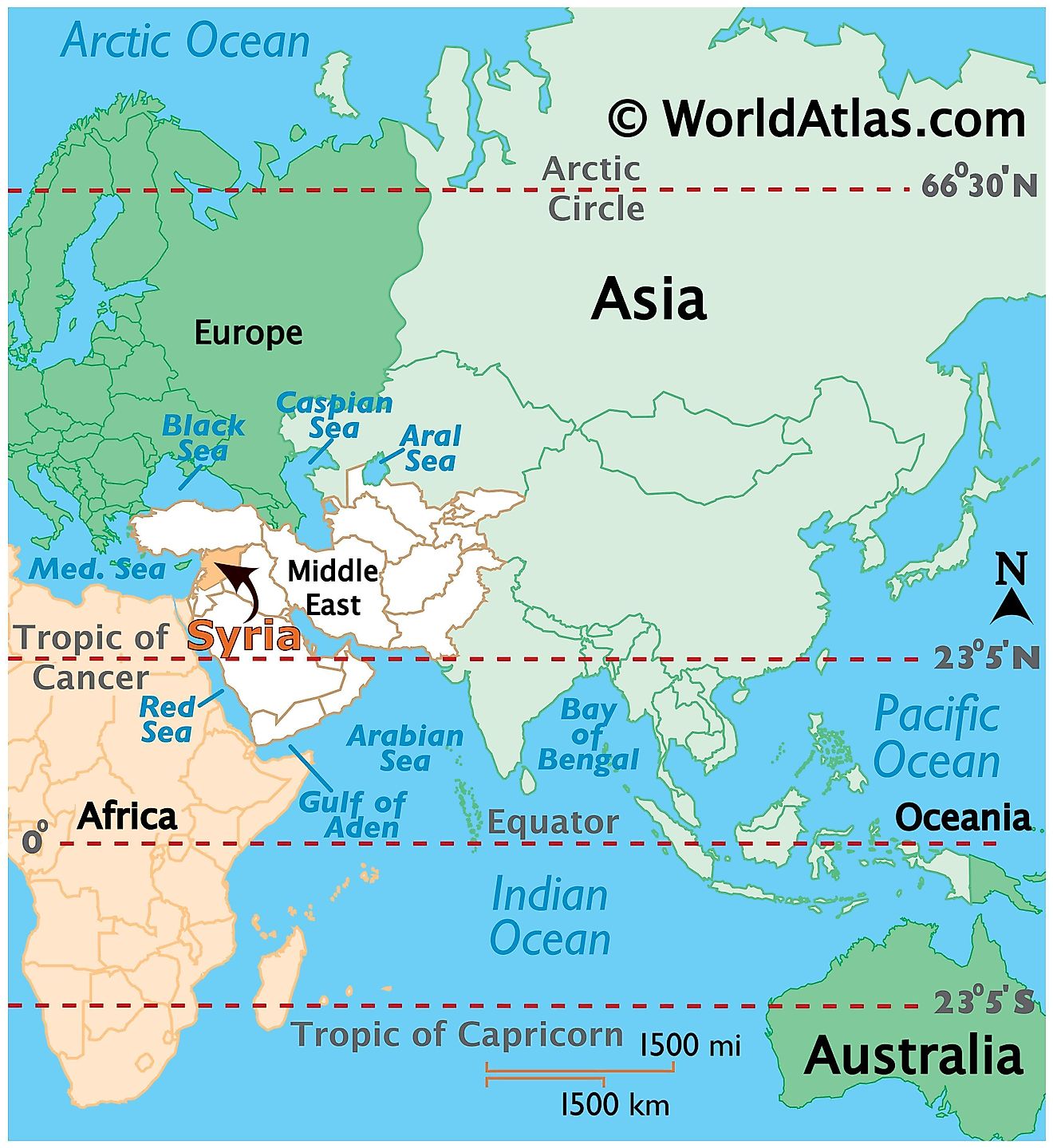 Map showing location of Syria in the world.