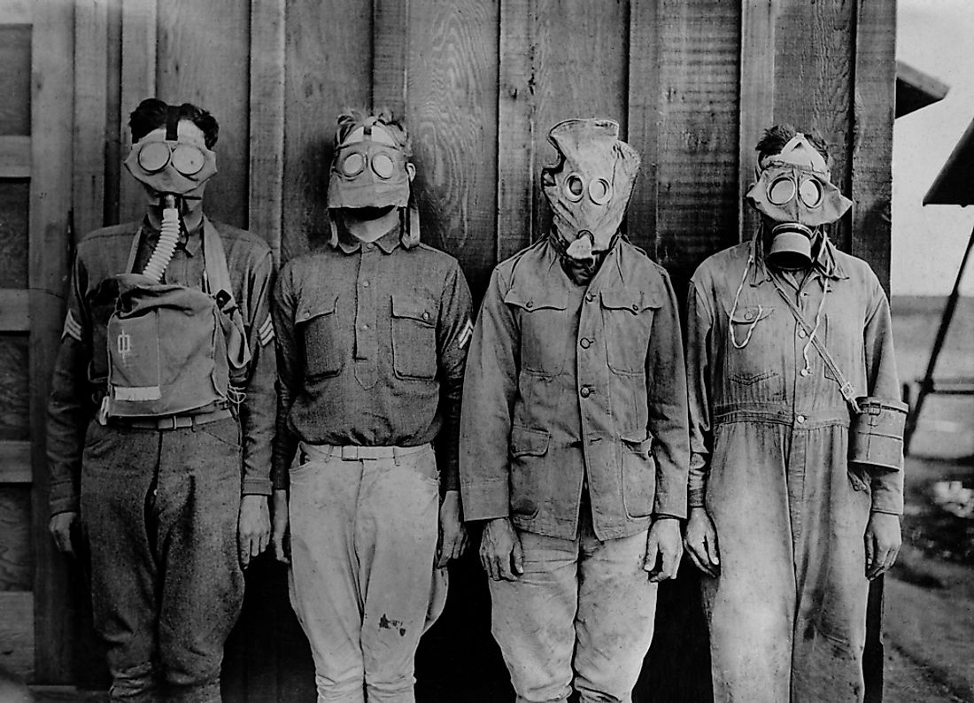 Soldiers wearing various designs of WW1 gas masks.