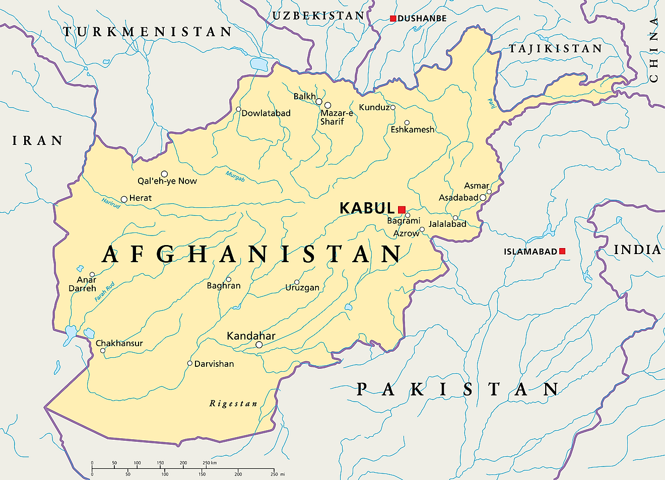 Map of Afghanistan with bordering countries.