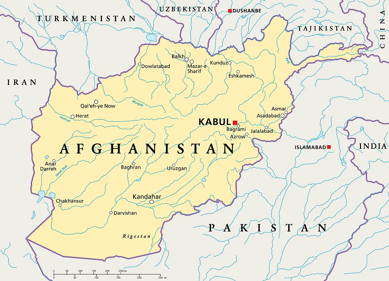 Map of Afghanistan with bordering countries.