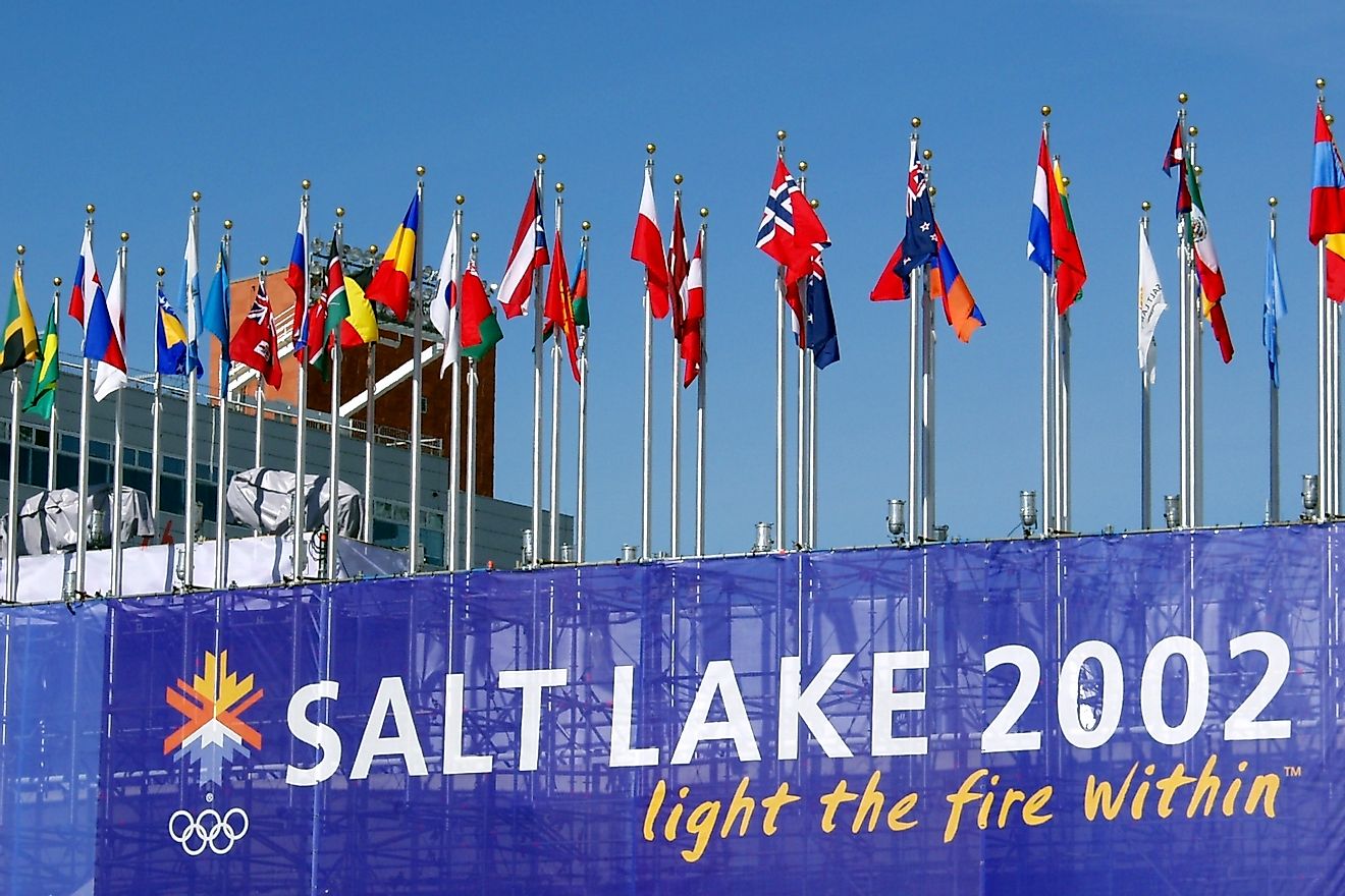 Flags of participating countries on display at the 2002 Winter Olympics in Salt Lake City. Image credit: Aron Hsiao/Shutterstock