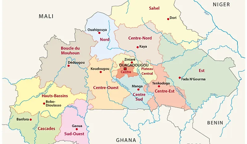 A map showing Burkina Faso's administrative areas. 