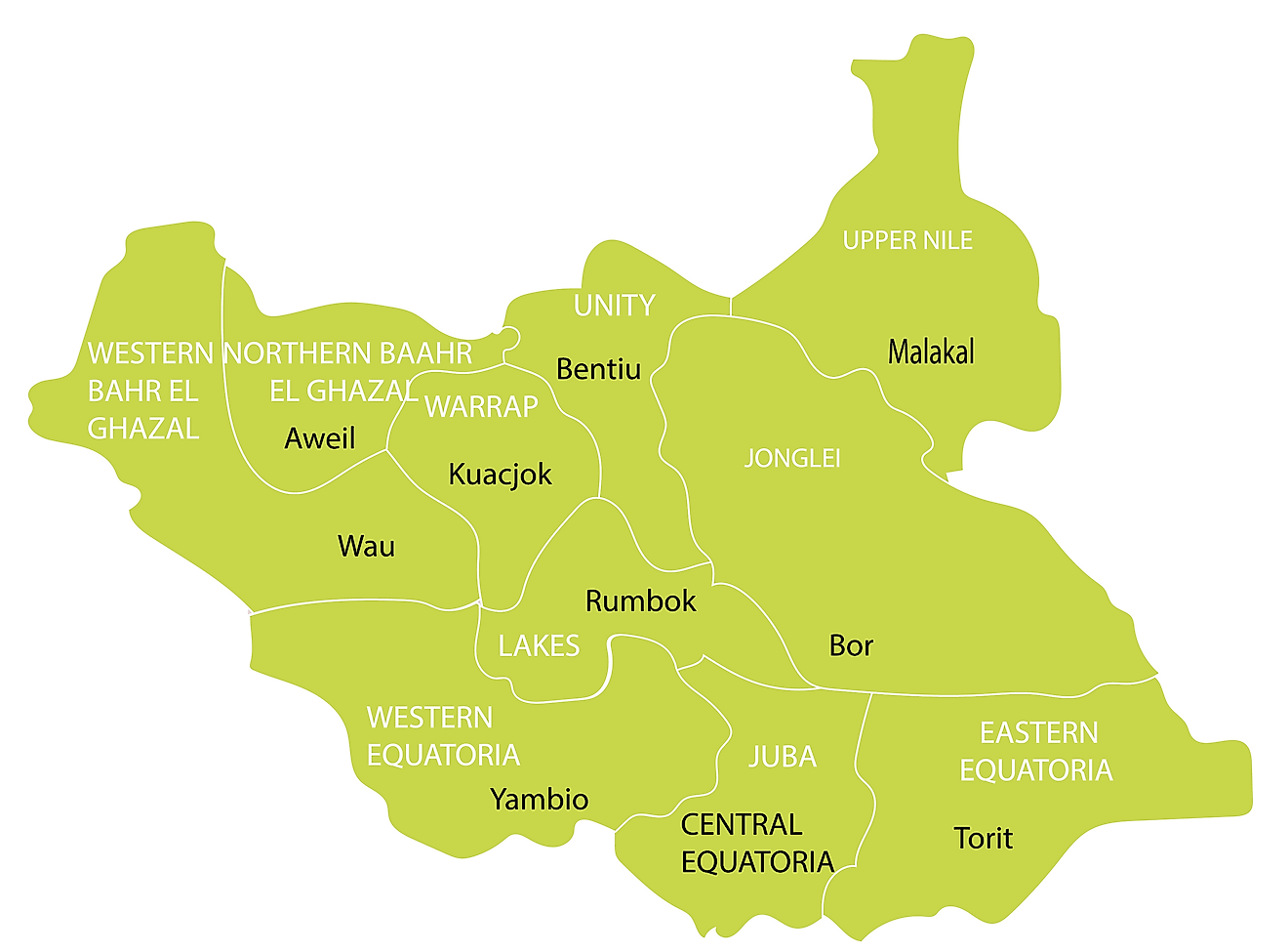 Political Map of South Sudan showing its 10 states.