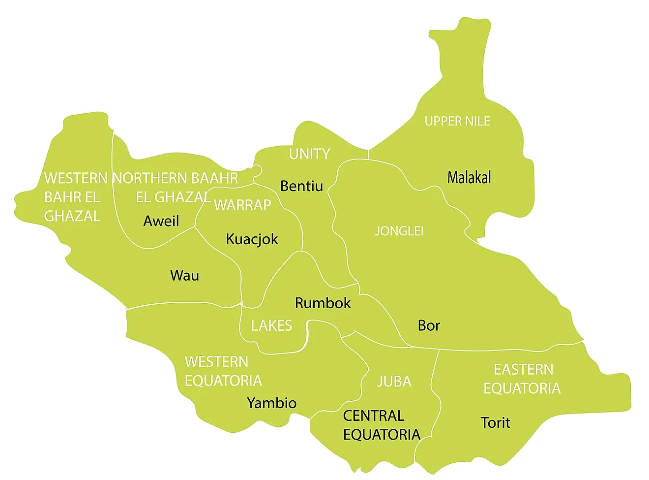 Political Map of South Sudan showing its 10 states.