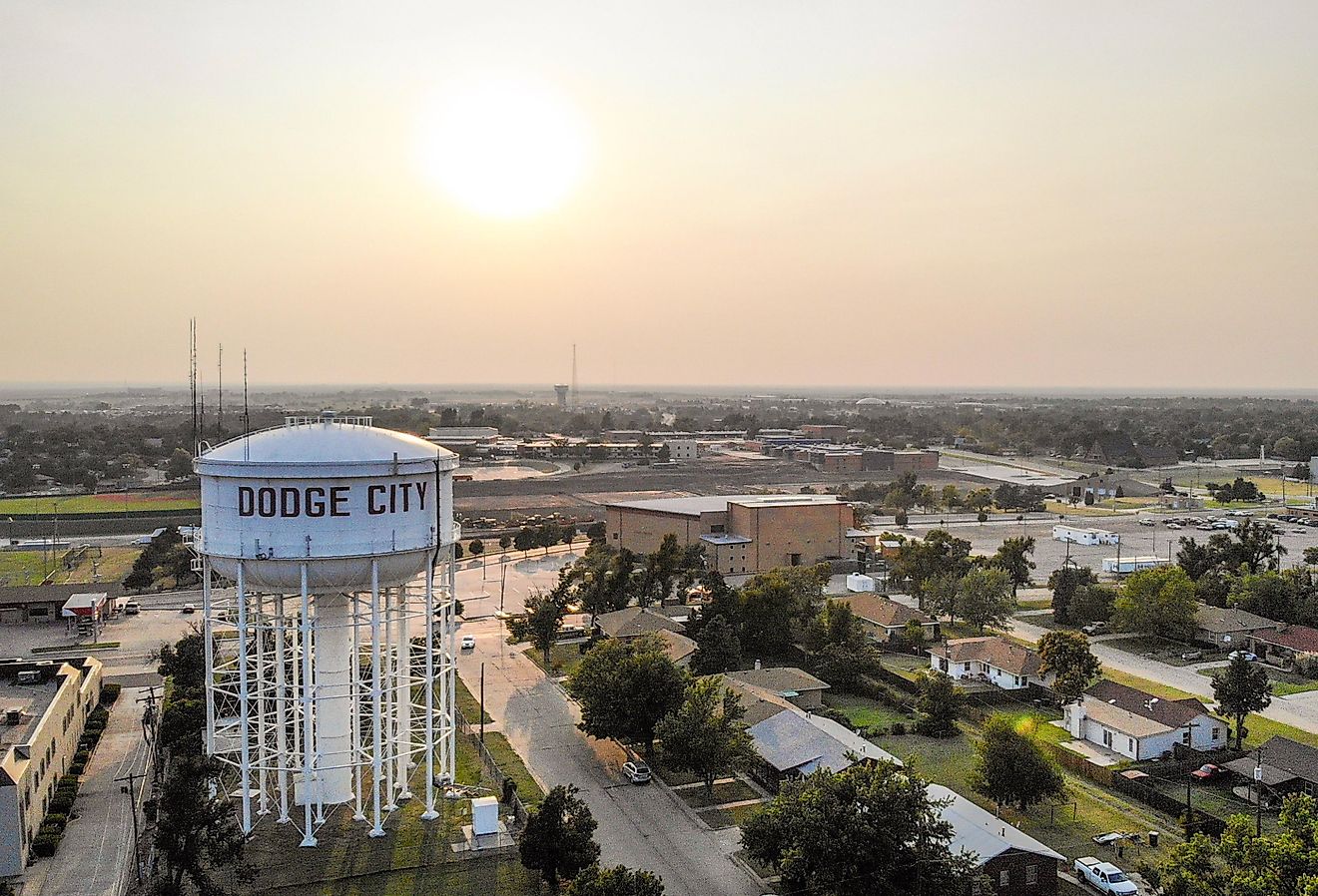 Water tower in downtown Dodge City, Kansas. Editorial credit: Eduardo Medrano / Shutterstock.com