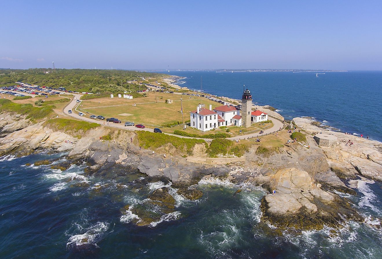 Aerial view of Beavertail Lighthouse in Beavertail State Park, Jamestown, Rhode Island.