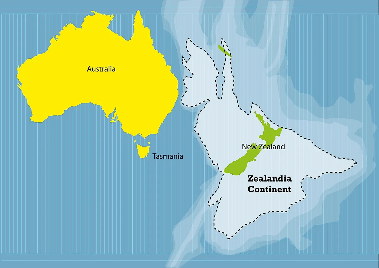 A map showing the submerged continent of Zealandia.